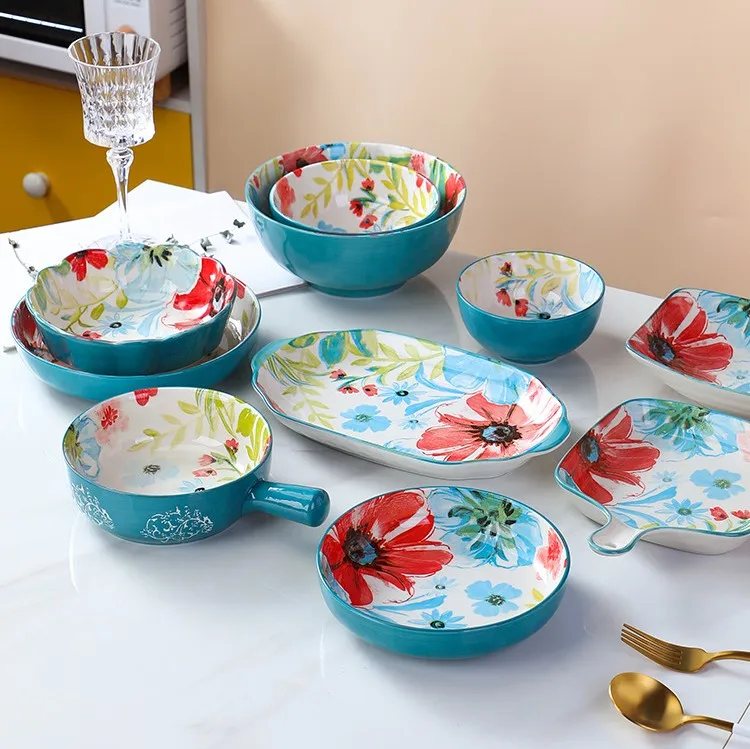 Wholesale Selling Floral Serving Dinner Plate Glazed Ceramic Dishes Soup Bowl