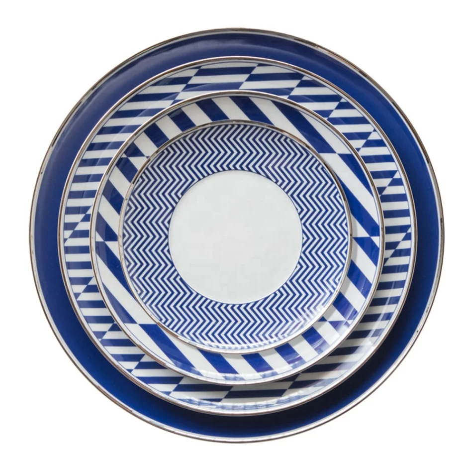 Vintage Tableware Creative Blue Striped Bone China Dinner Plate Restaurant Dinner Ceramic Plate