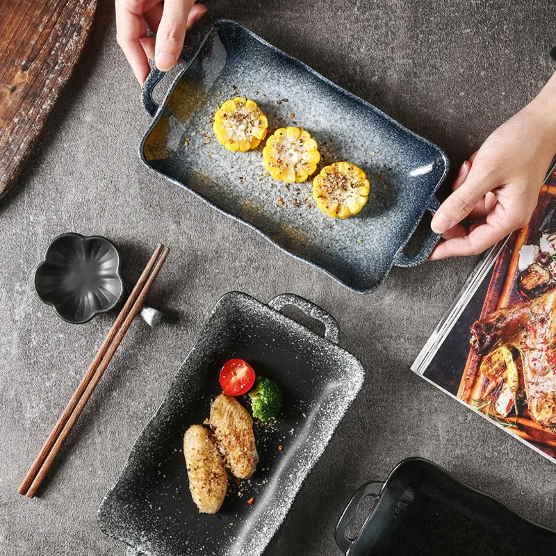 Набор прямоугольных керамических тарелок с ручкой и кружевными краями для свадьбы, сервировки стейков и салатов