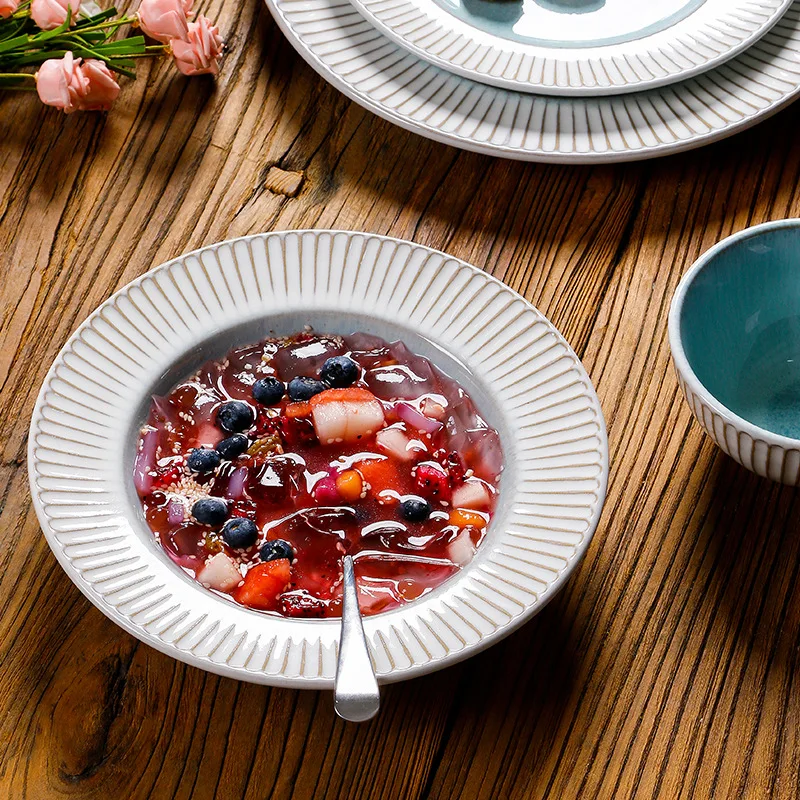 European Style Simple Western Steak Plate Creative Relief Home round Ceramic Flat Dish Eco-Friendly Restaurant Dish