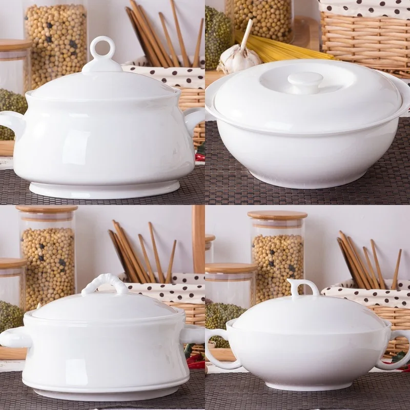 Large Pure White Bone China Soup Pot With Lid Personalized Household Double-Eared Bowl Palace Basin Soup Bowl