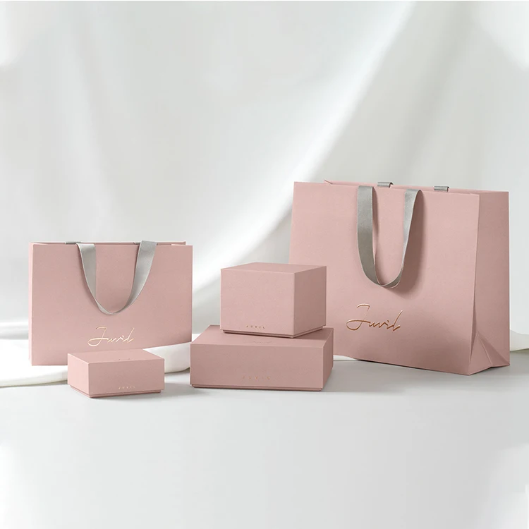 Элегантная бутиковая розничная упаковка для покупок с принтом на заказ, розовая роскошная подарочная упаковка для ювелирных изделий, бумажный пакет с ленточной ручкой