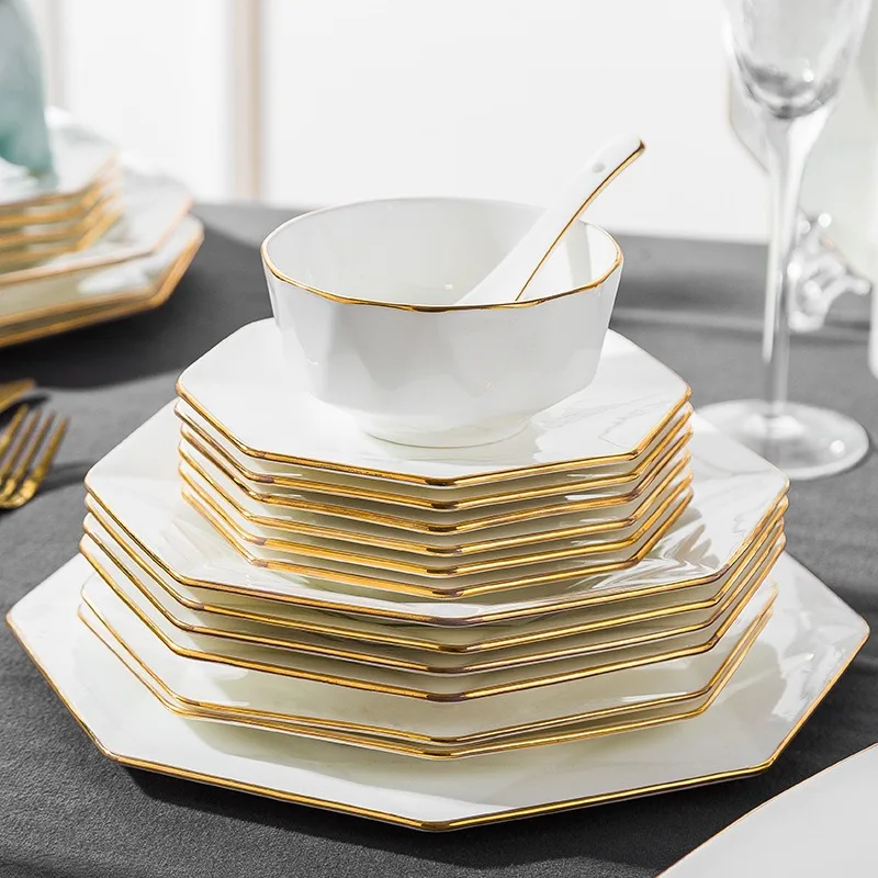 Свадебные белые тарелки Brett Catering с золотой оправой, фарфоровая посуда с шестигранной формой неправильной формы, наборы керамических обеденных тарелок