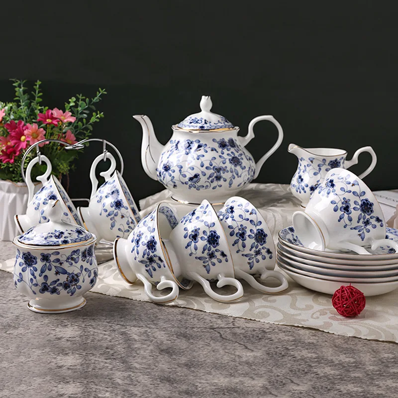 Wholesale Blue and White Ceramic Coffee Set Printed Logo Bone China Boutique Gift Set with Customised Logo