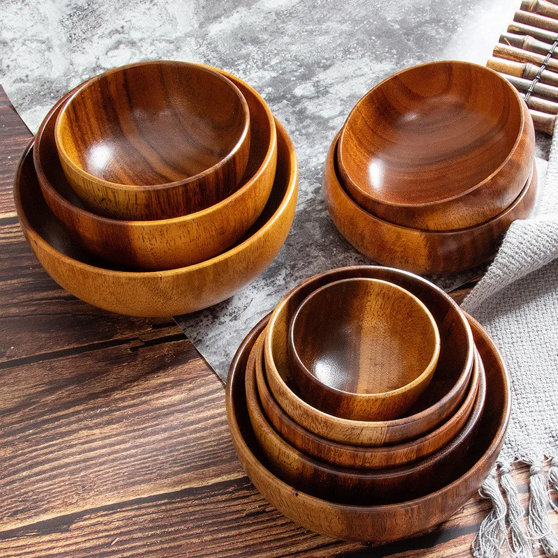 Japanese Style Tableware Acacia Wooden Bowl Wood Serving Salad Soup Bowl