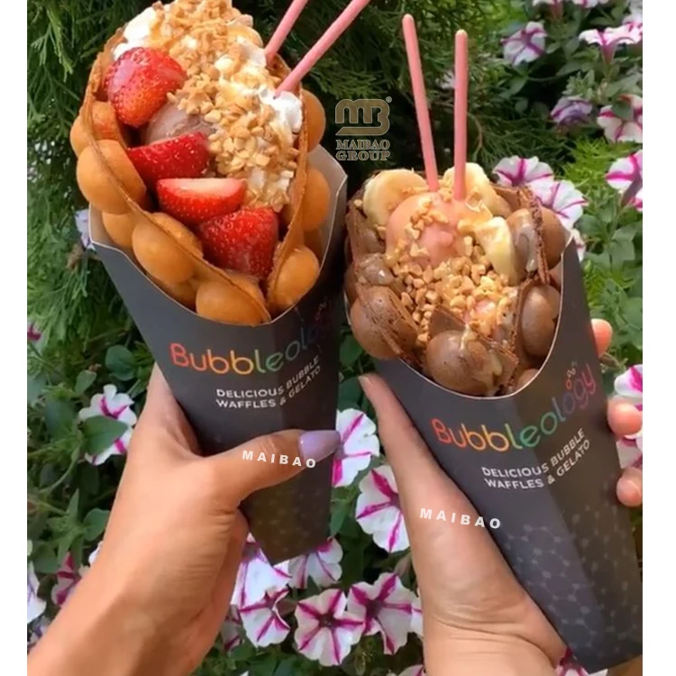 Индивидуальный дизайн, пузырьковая вафельная бумага, конус с принтом, пузырьковые вафельные рожки для мороженого, бумажная коробка, упаковка для еды, вафельный бумажный конус