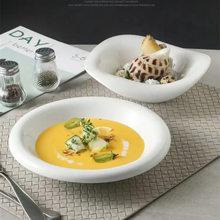 Personality White Ceramic Tableware Porcelain Soup Bowls Salad Bowl for Restaurant Creative Deep Dishes and Plates