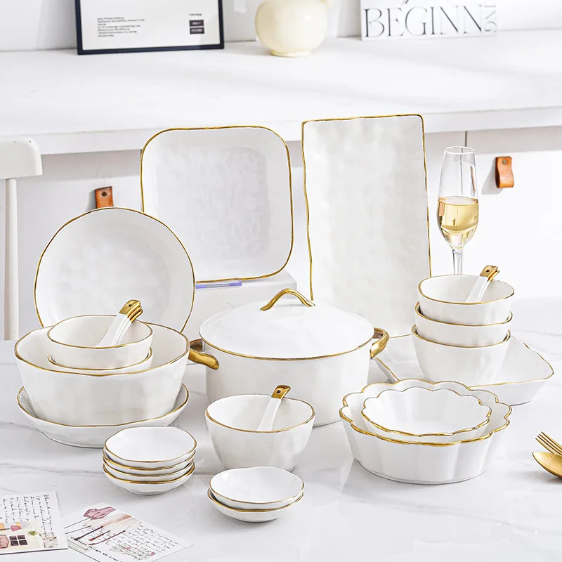 Luxury White Porcelain Ceramic Dinnerware Set Modern Round Includes Bowls and Plates for Home Dinner and Soup Use