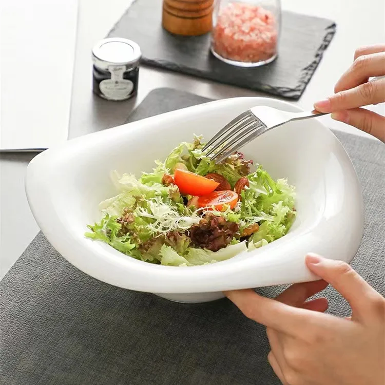 Eco-Friendly Ceramic Salad Bowl Unique Irregular Design for Restaurant Hotel Party Decorative Porcelain White Bowls