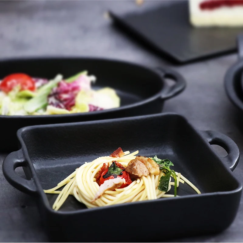 Изготовленная на заказ посуда для ресторана и гостиницы, тарелки для тапас, керамическая тарелка для выпечки в ресторане, керамическая тарелка для посуды, черные фарфоровые формы для выпечки
