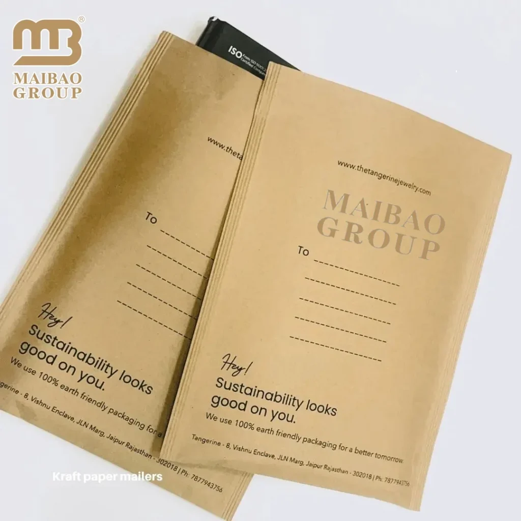 Оптовая продажа, индивидуальный логотип с принтом, белый, коричневый, натуральный, самоуплотняющийся, из переработанной бумаги, полиэтиленовая почтовая упаковка, расширяемая сумка из крафт-почты