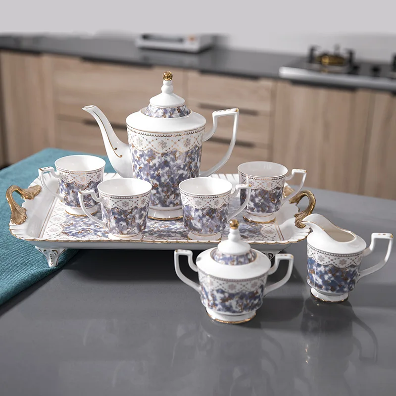 8 PCS European Afternoon Tea Gold Rim Ceramic Coffee Pot and Cups Set With Tray Vintage Purple Tea Cup TeaPot Set
