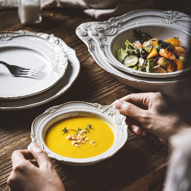 Vintage Baroque Embossed Stoneware Dinnerware Sets Relief Ceramic Plates and Bowls Set