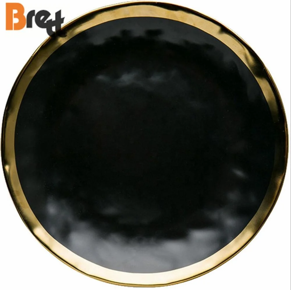 Черные керамические тарелки Brett для ужина в европейском стиле с золотой оправой, 8 дюймов, 10 дюймов, тарелки для ресторана в скандинавском стиле, тарелка для стейка