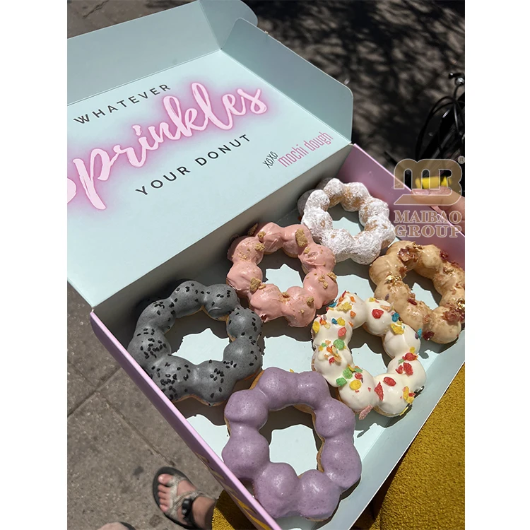 Оптовая продажа, индивидуальный логотип, розовые коробки для пончиков Mochi, упаковка для десертов, коробка для пончиков Mochi, изготовленная на заказ, кондитерские изделия