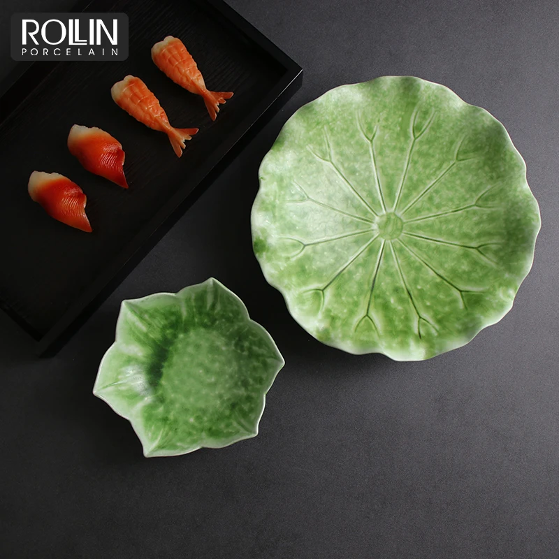 Оптовая продажа соуса зеленого цвета тарелка для соуса фарфоровая тарелка в форме листа лотоса тарелки японский обеденный набор