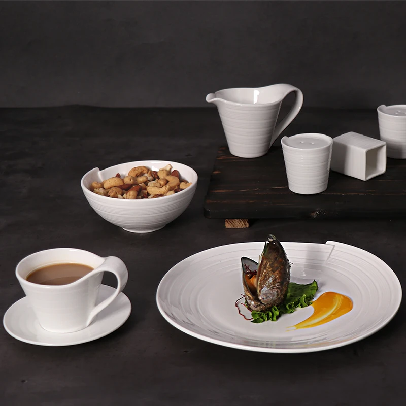 Поставщик из Гуанчжоу, изысканная тарелка, посуда для ресторана, набор керамических обеденных тарелок, белый набор посуды для свадебного кейтеринга, отеля