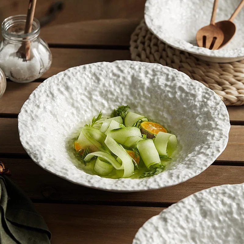 Large White Ceramic Serving Bowl Embossed Rock Pattern Porcelain Tableware for Restaurants Parties Unique Pasta Salad Bowls