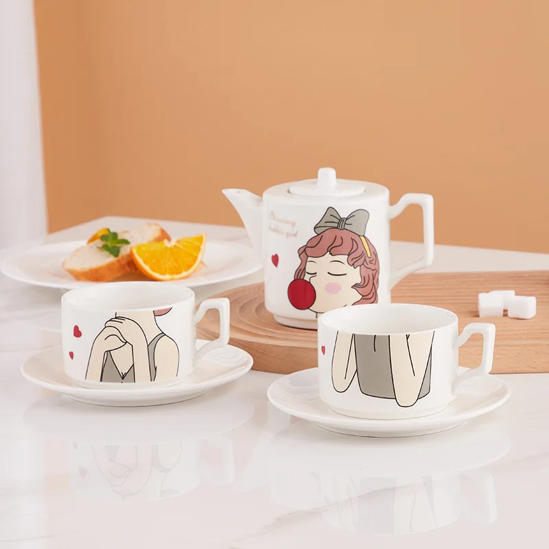 Hot Selling Creative Cute Girl Heart Small Fresh Coffee Cup Ceramic Tea Set Dessert Cups Teapot Set