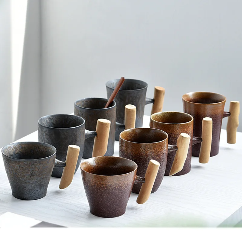 Retro Japanese Ceramic Mug With Wooden Handle Kiln Reusable Coffee Mugs Pottery Tea Cup Set