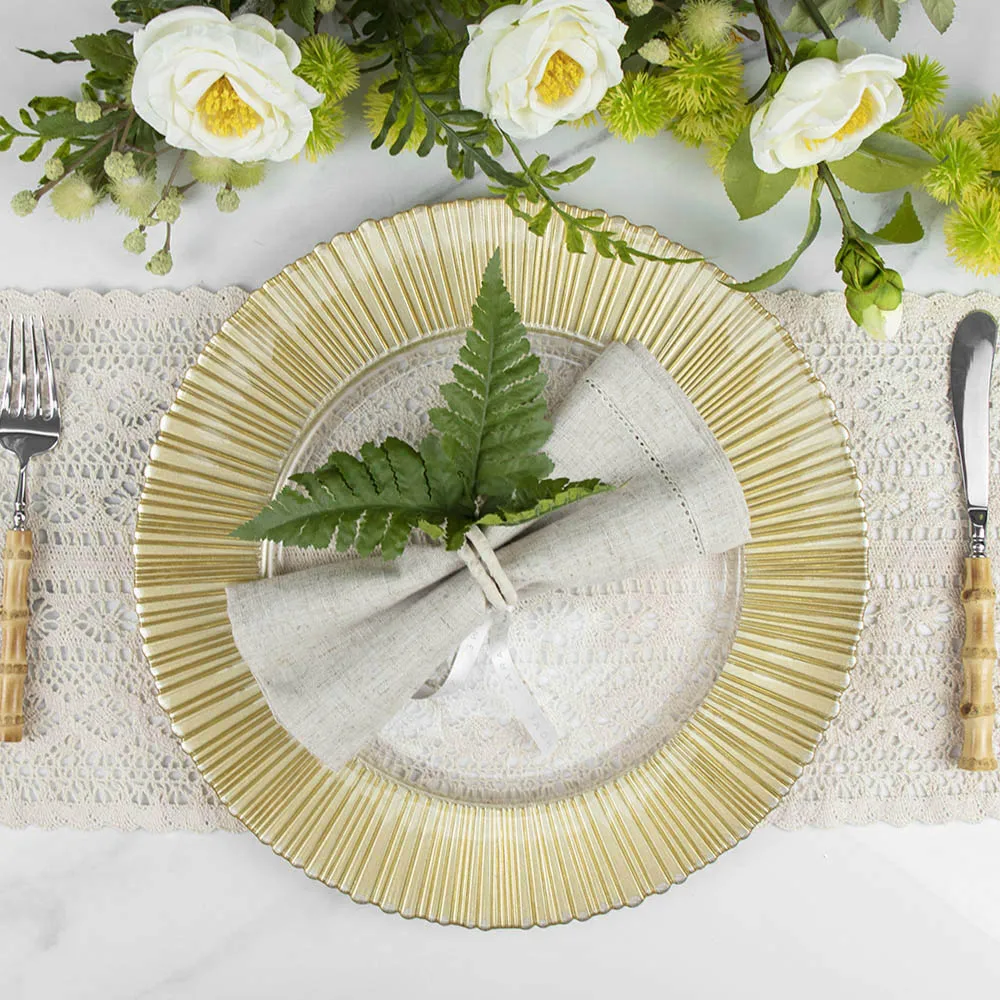 Оптовые стеклянные тарелки для ужина, золотые тарелки, дешевые декоративные тарелки для зарядного устройства, стеклянная позолоченная оправа для свадьбы