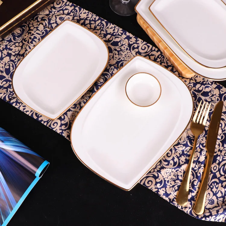 Bulk European Style Gold Rimmed  Ceramic Dish Fruit Dish Deep Wholesale Restaurant Square Dinner White Dinner Plates