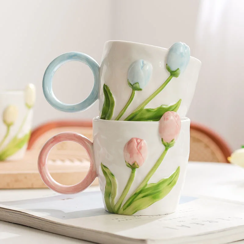 Creative INS Wind Mug 3D Tulip Pattern Household Milk Cup 500ml High Capacity Juice Cup