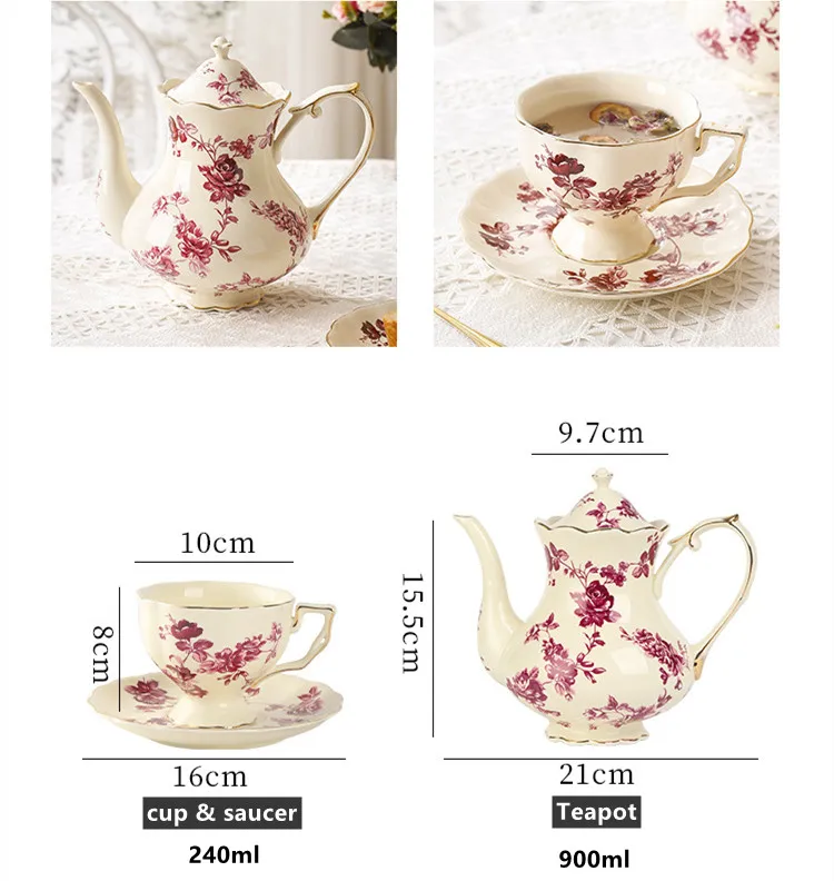 Vintage European Ceramic Porcelain Tea & Coffee Cup Set Gold Rim Teapot & Saucer with English Style Unique Vintage Design