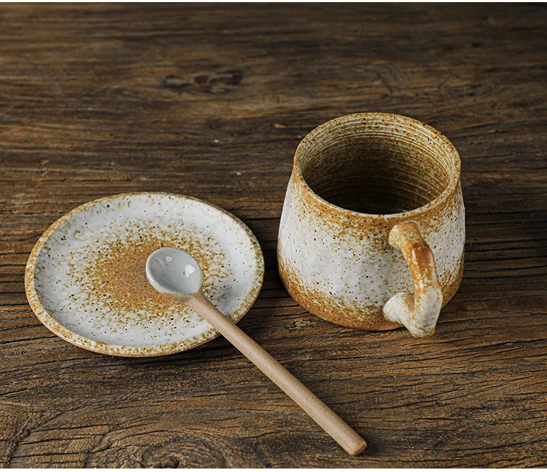 Retro Customizable Coffee Cup and Saucer Set Kiln Coarse Pottery Mug Ceramic Coffee Mugs Sets