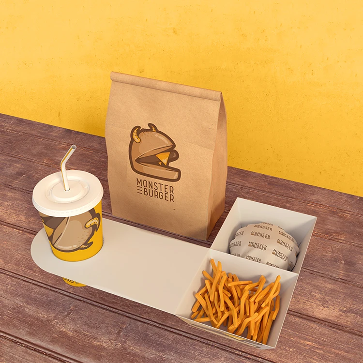 Бумажные пакеты для упаковки гамбургеров на заказ для еды на вынос, жареная курица и картофель фри, пищевой одноразовый пакет из крафт-бумаги на вынос