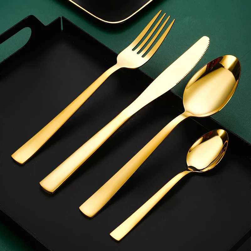 4-Piece Stainless Steel Square Handle Steak Knife Fork Coffee Spoon Set with Gold Finish for Parties Hotels Western Tableware