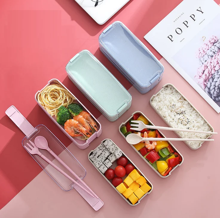 Лидер продаж, трехслойная коробка для бенто из пшеничной соломы, пластиковая коробка для обеда в микроволновой печи