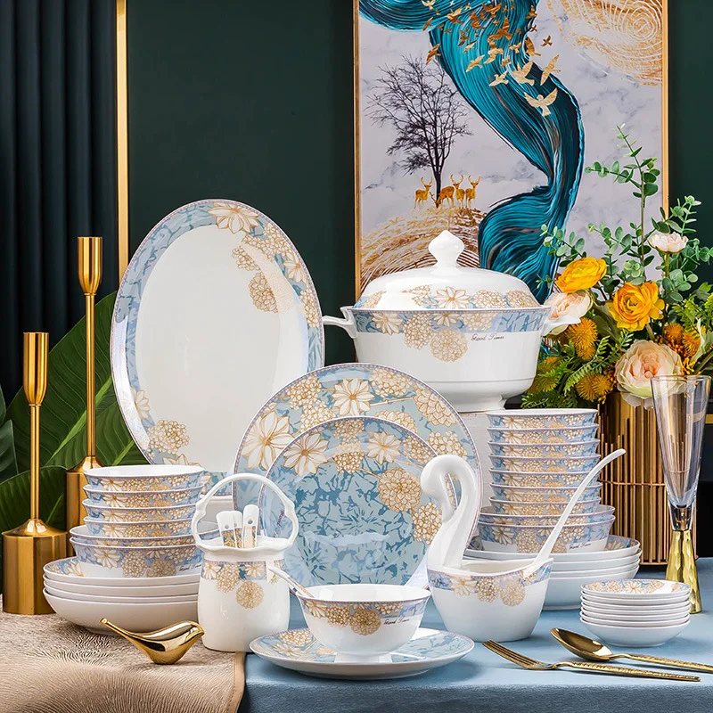 Modern Light Luxury Flower Patterned Tableware Bone China Dinnerware Sets Ceramic Plates and Bowls Set Ceramic Dishes