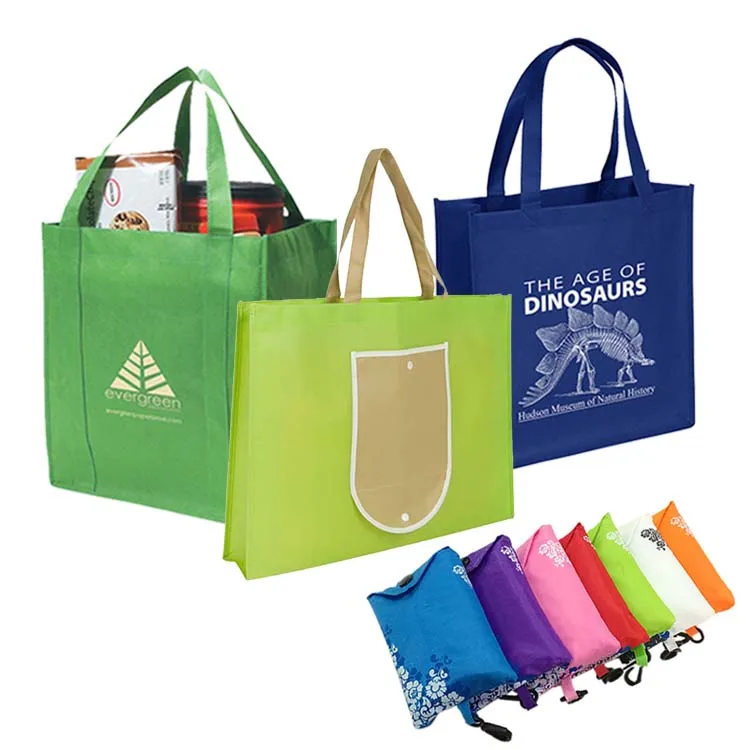 Изготовленная на заказ устойчивая экологически чистая многоразовая ткань для продуктов питания ультразвуковая складная складная нетканая сумка для покупок Rpet с кнопкой