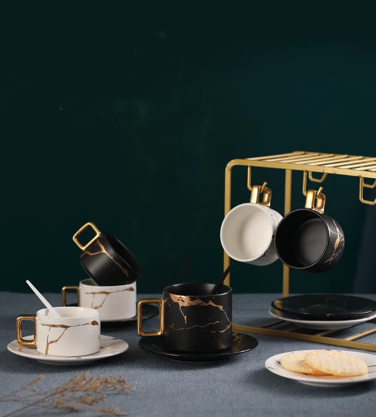 Luxury Nordic Style Ceramic Marble Coffee Cup Black Gold Espresso Mug with Tea Cup Saucer Set for Milk Tea & Coffee