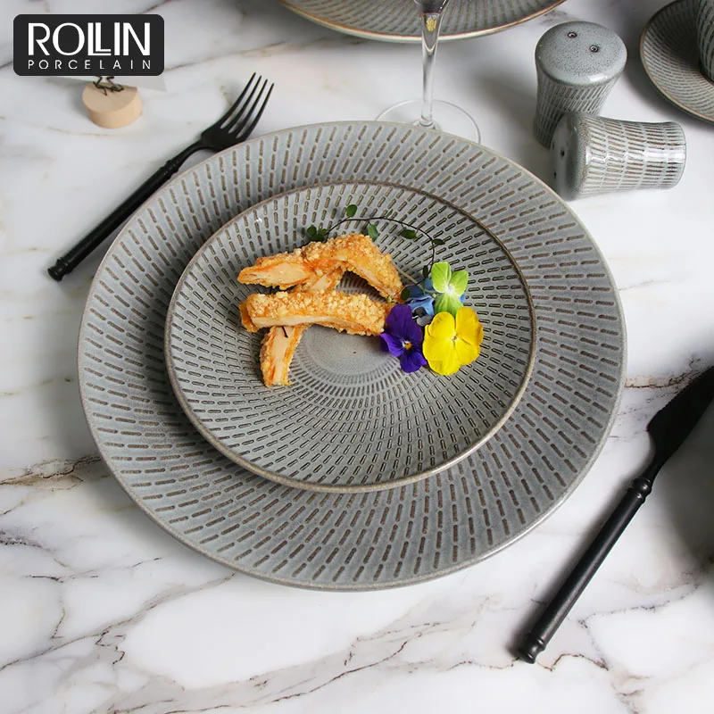 Керамические тарелки Посуда Посуда Круглая глубокая печь Серые фарфоровые боковые тарелки Обеденные тарелки для отелей и ресторанов