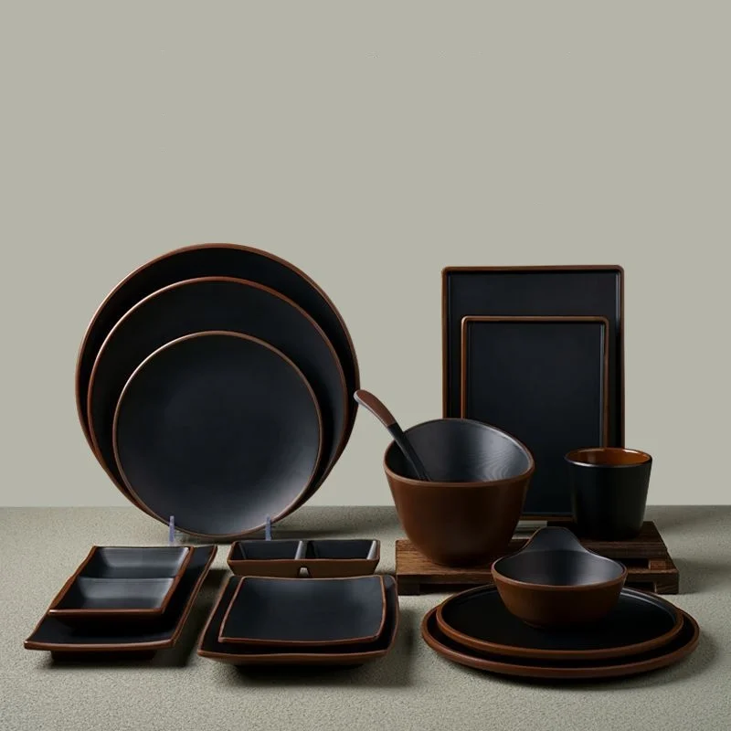 Меламиновый сервиз с коричневой каймой, оптовая продажа, элегантная черная матовая маленькая тарелка, квадратная тарелка, небьющаяся посуда, фуршетные тарелки