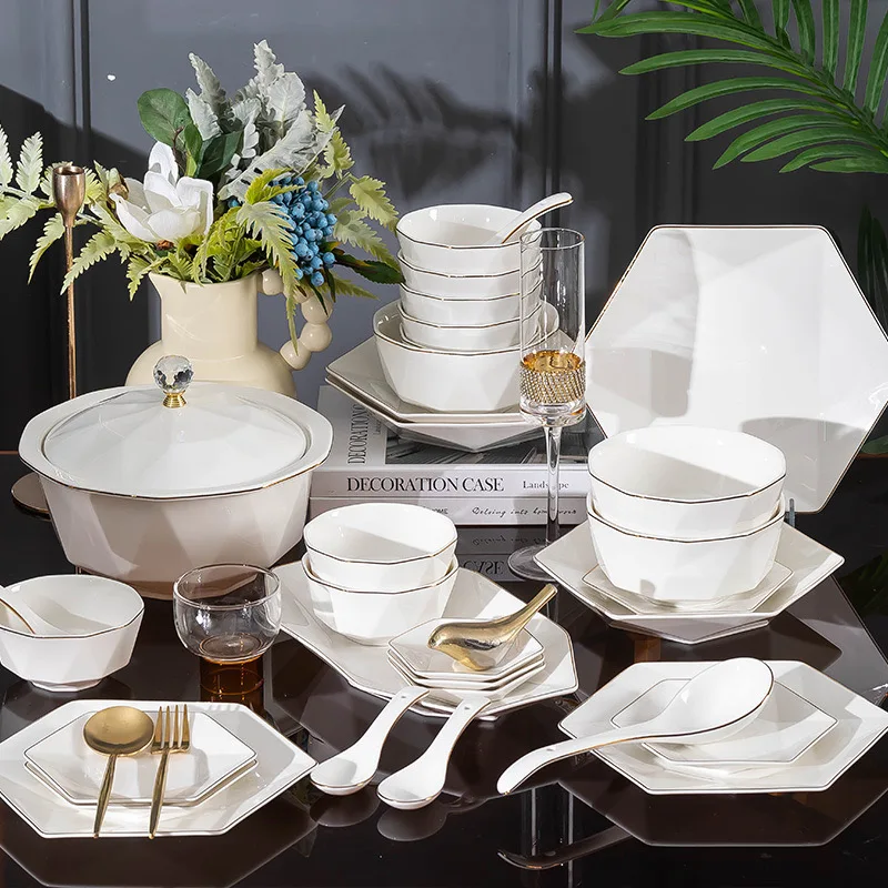 Chinese Factory Price Dish Set Custom Hexagonal White Food Plates Set Dinnerware Tableware Set With Gift Box