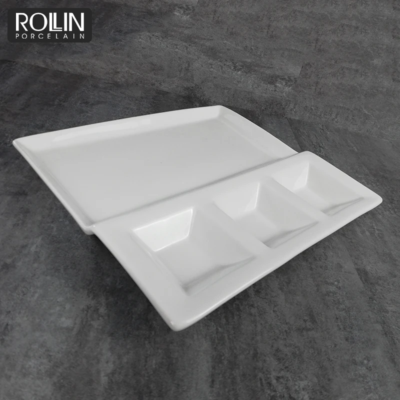 Китай оптовая продажа обеденная тарелка ресторан отеля на заказ белый разделенный фарфоровый поднос для обеда керамические тарелки для сервировки еды