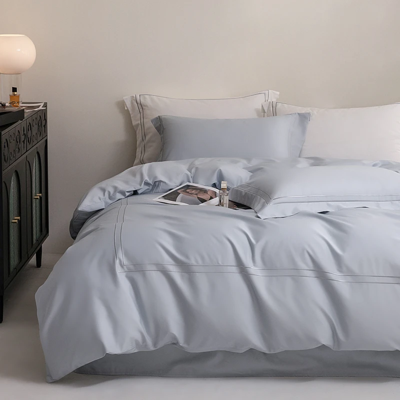 Ультра мягкий шелковистый роскошный комплект постельного белья из 100% длинноволокнистого хлопка 600TC, пододеяльник с вышивкой, белый/светло-серый комплект постельного белья для отеля