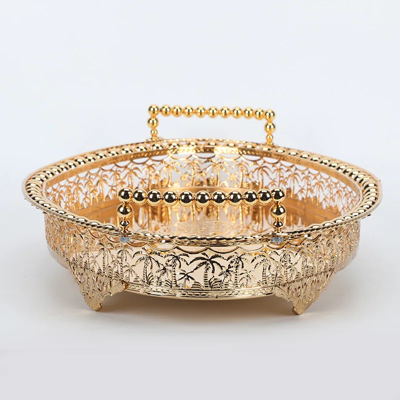 Luxury Retro Iron Art Hollowed Out Pattern Long Tray Oval Storage Container With Handle Fruit Snack Metal Tray