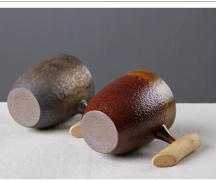 Retro Japanese Ceramic Mug With Wooden Handle Kiln Reusable Coffee Mugs Pottery Tea Cup Set