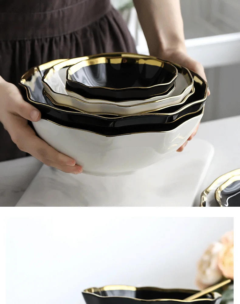 New Design Black White Ceramic Dishes Plates Gold Rimmed Plates Fruit Food Bowl Salad Bowl Dinnerware Set
