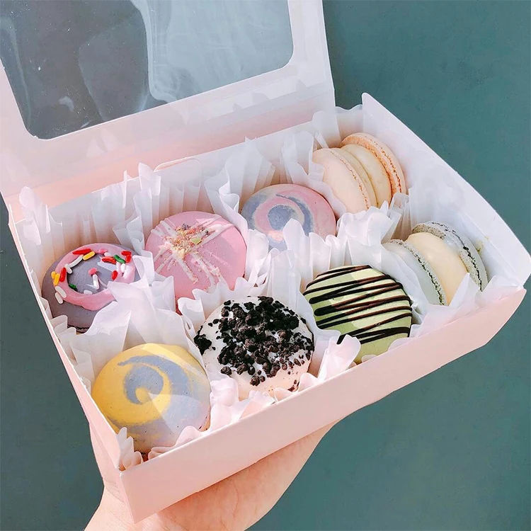 Изготовленная на заказ роскошная переработанная подарочная коробка для макарон, биоразлагаемая упаковка для пищевых продуктов, коробка для пончиков с печеньем и окном, коробка для сладкого печенья, розовая