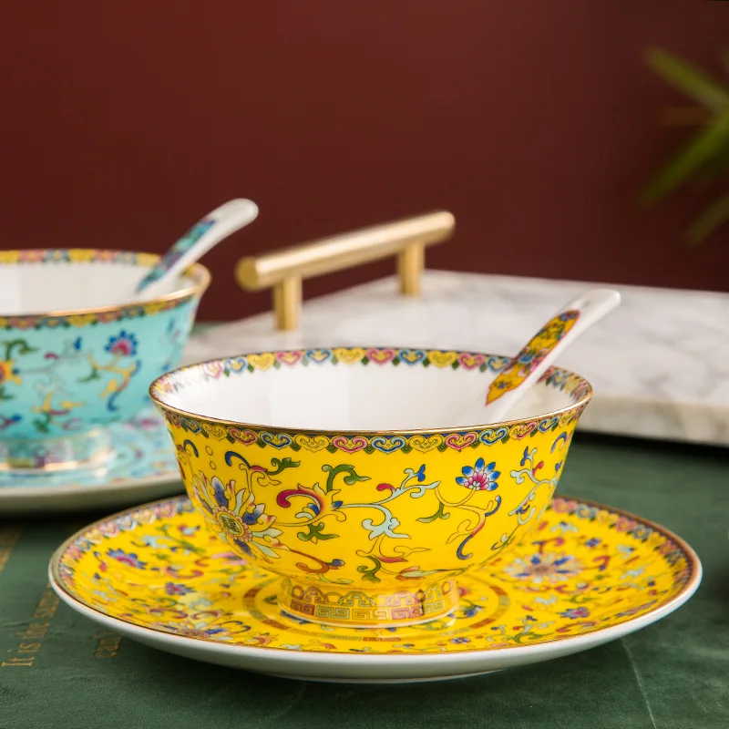 Vintage Enamel Glazed Bone China Flat Plates Round Ceramic Platter Luxury Serving Dinner Dishes and Plates