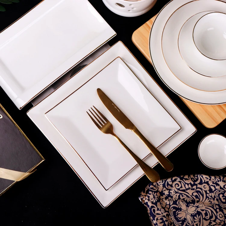 8 Inch 10 Inch European Steak Gold Rimmed Fruit Restaurant Square Food Dish Ceramic Plate