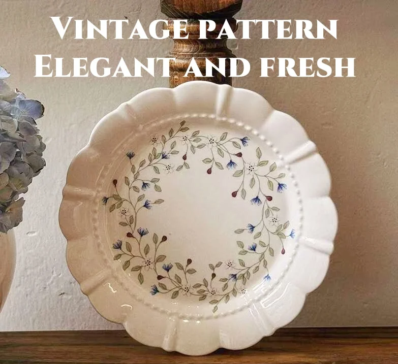 French Retro Blue Flower Branches Ceramic Dishes Plates Suitable for Wedding Party and Restaurant and Dessert Decorations