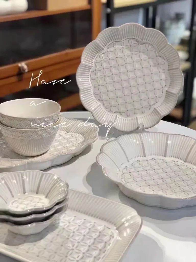 Nara Snow Embossed Ceramic Dinnerware Set Square and Oval Plates & Bowls Eco-Friendly for Home Use