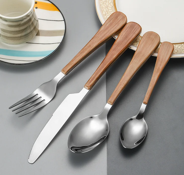 Новое поступление, современный набор столовых приборов с деревянной ручкой, ресторанная вилка из нержавеющей стали, вилка, ложка и нож для вечеринок