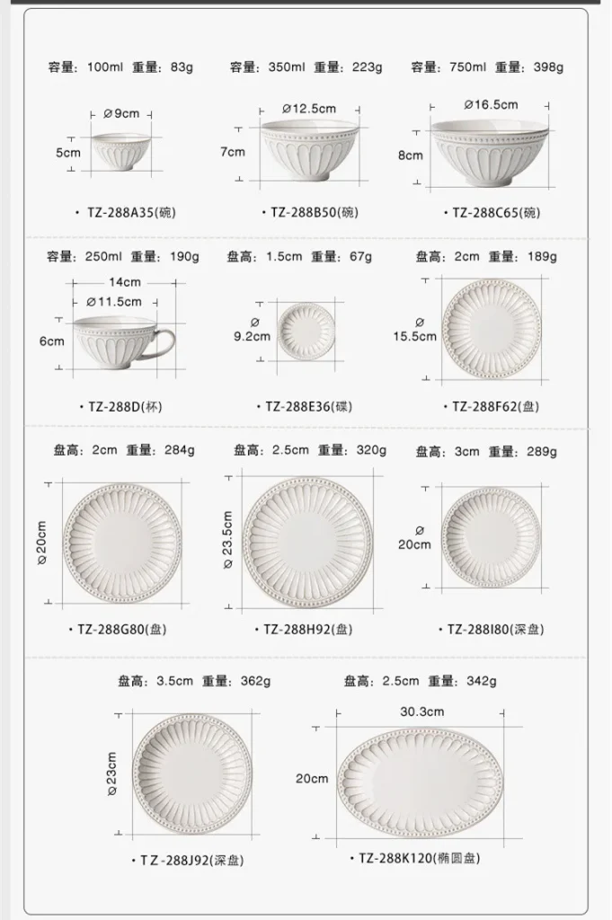 Vintage Nordic Home Embossed White Glaze Ceramic Tableware Stoneware Dinnerware Plates Bowls and Cup Set